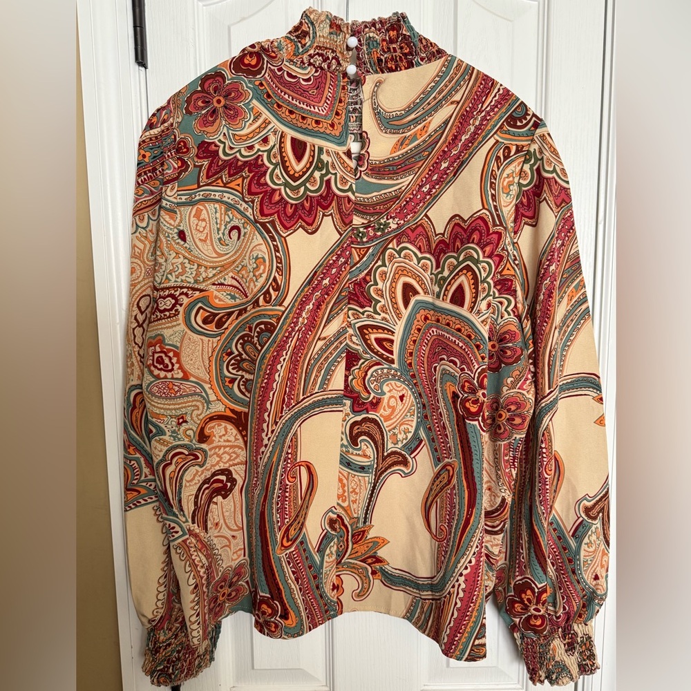 Paisley Print Mock Neck Lantern Sleeve Blouse - Picture 7 of 7